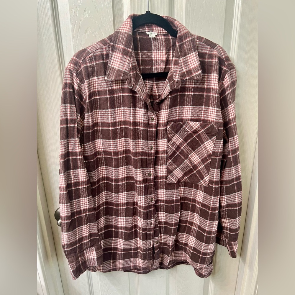 Aerie Pink and Brown Plaid Flannel Shirt Size Large